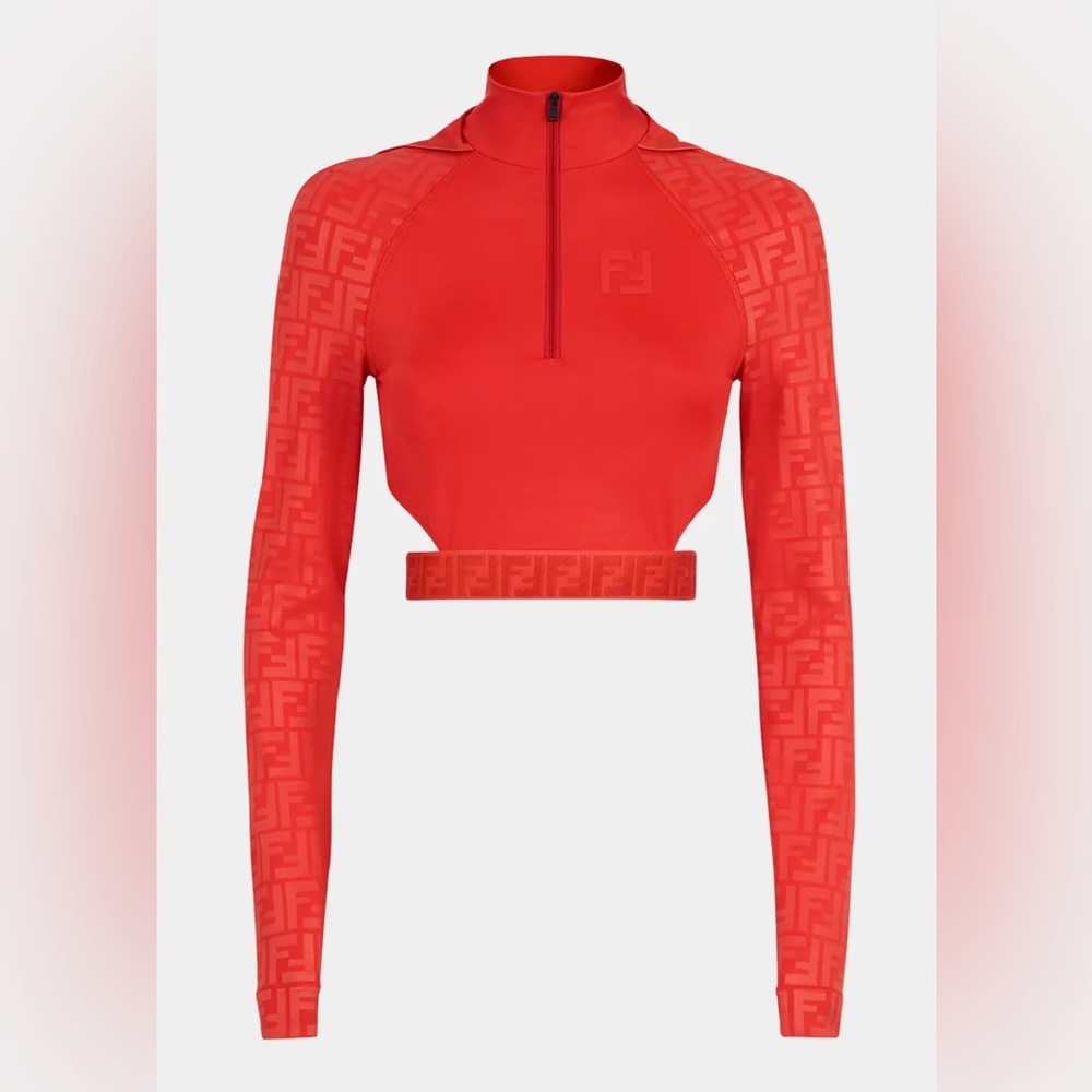 Fendirama Logo Cutout Hooded Lycra Crop T-Shirt